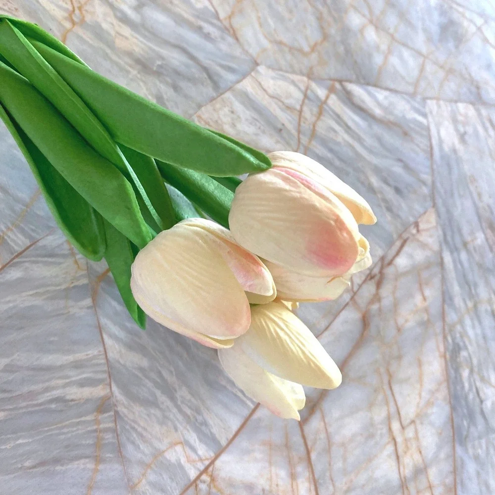5 Piece Artificial Tulip Stems Cream Pink Faux Silk Flowers Spring Home Decor